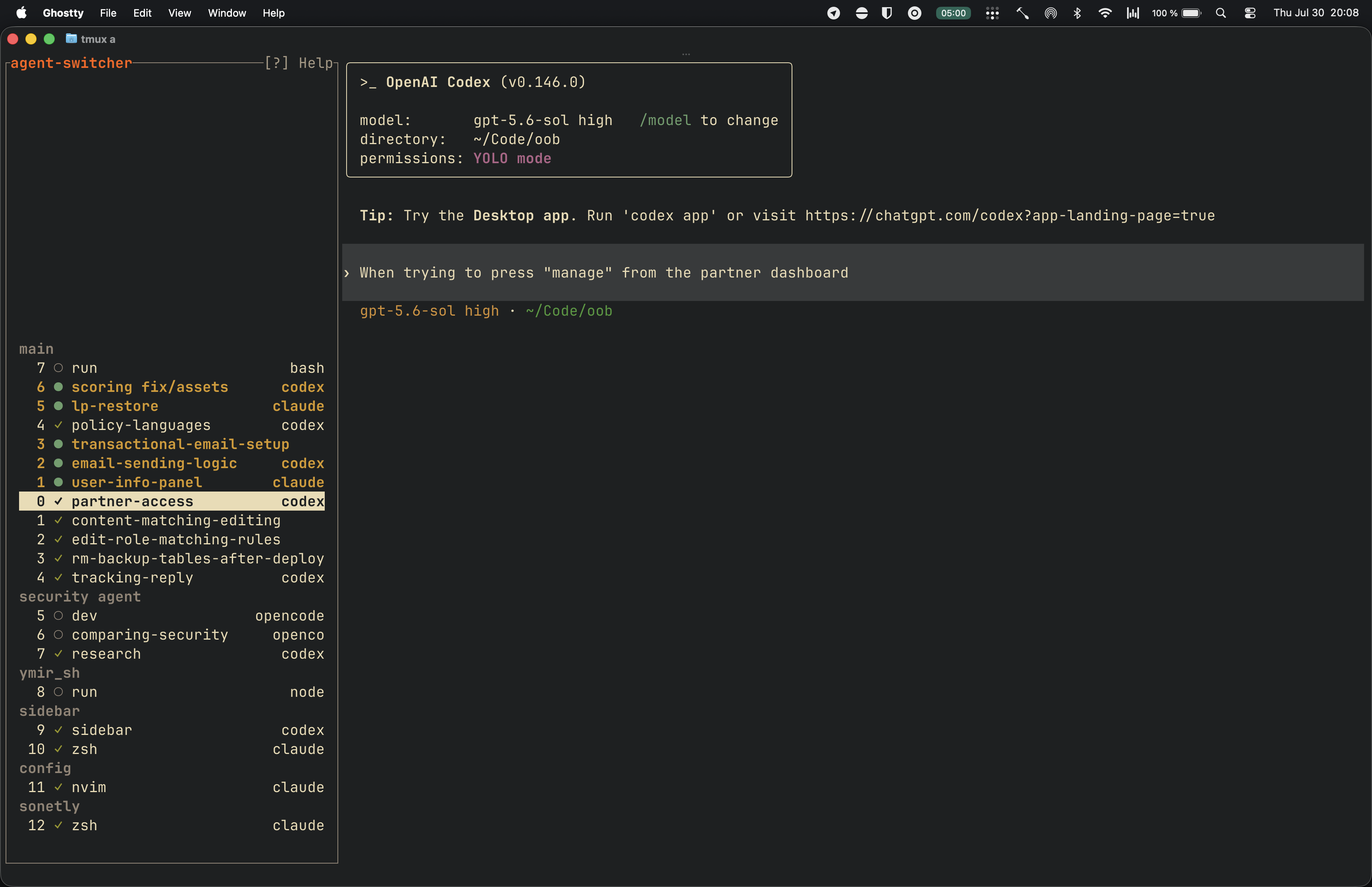 Tmux agent sidebar showing agent sessions and a live preview
